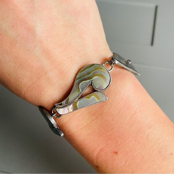 Vintage Mexican 1940s Sterling Silver Abalone Inlay Link Bracelet Antique - Picture 7 of 10